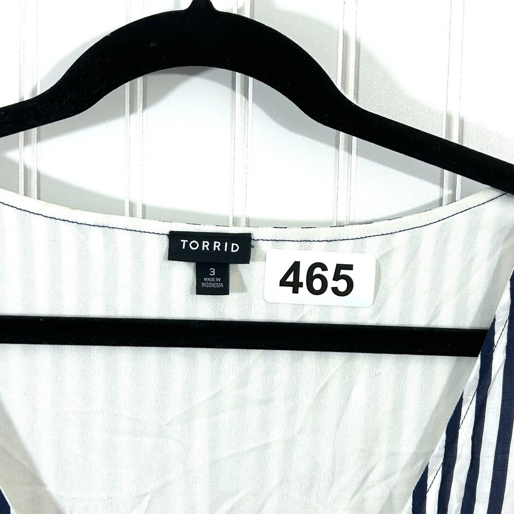 Torrid Midi Dress Navy Blue White Stripe Challis V Neck Self Tie Tiered Size 3X - Picture 3 of 6